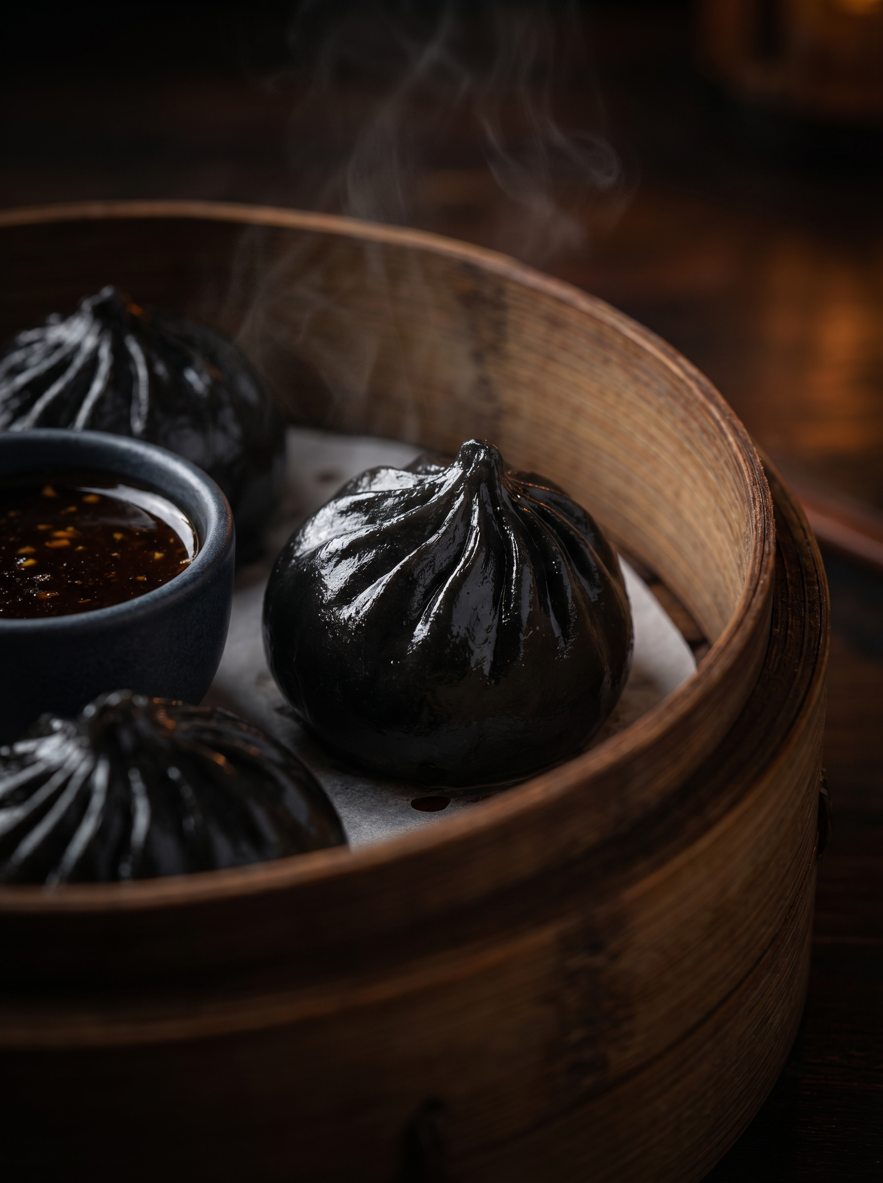 Dim sum noir fumant dans un panier vapeur