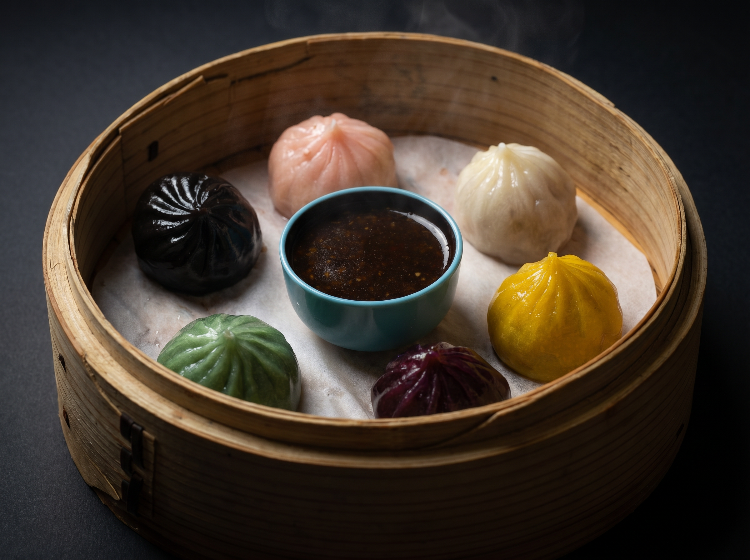 Gamme complète MYAM — six saveurs dans un panier vapeur